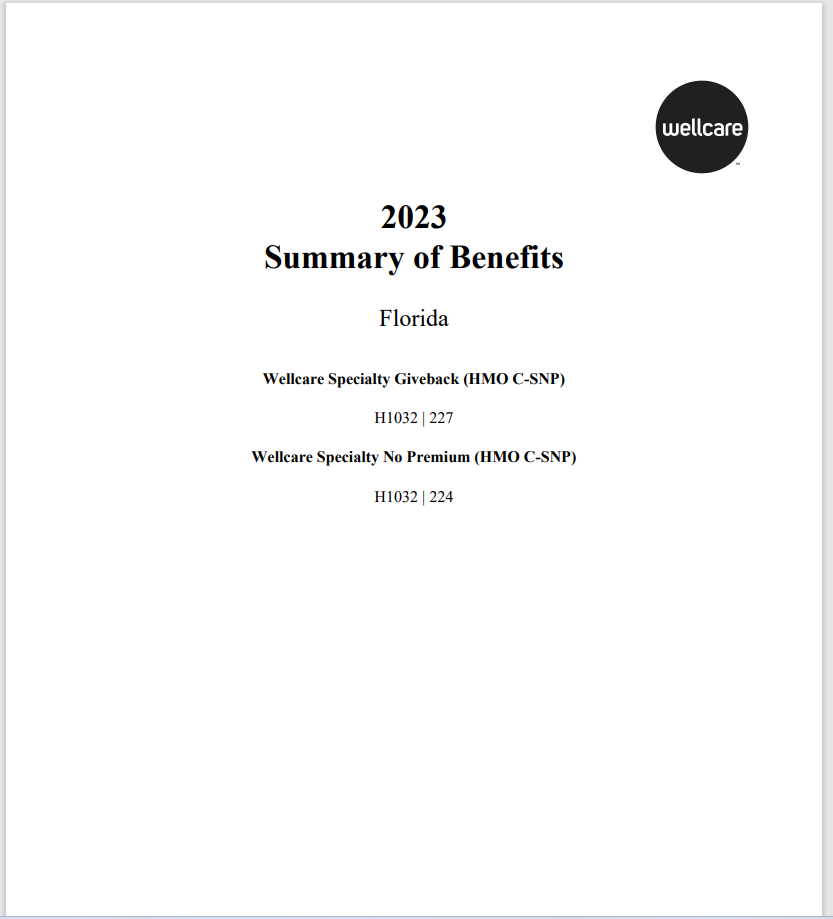 2023 Wellcare Specialty Giveback 227 (HMO C-SNP) Specialty No Premium 224 (HMO C-SNP)-COVER